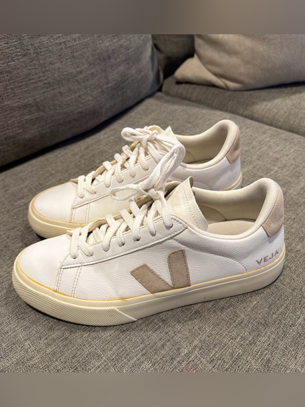 Veja White Leather Sneakers with Beige Suede V